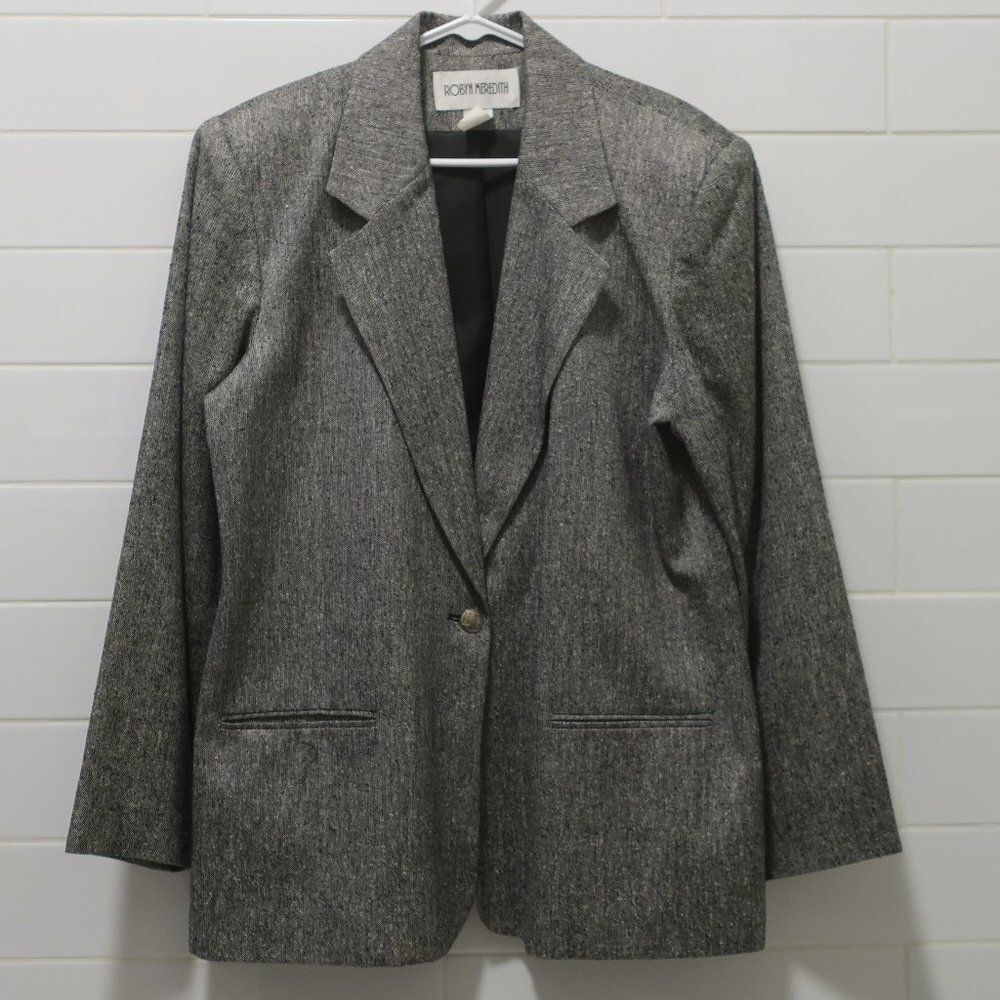 ROBYN MEREDITH VINTAGE BLAZER TWEED BOXY WOOL SILK BLACK WHITE sz 14 pocket line